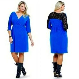Torrid Blue with Black Lace Mock Wrap Dress